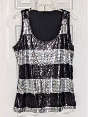 Debbie Shuchat Women's (Large) Black & Silver Striped Sequin Sleeveless Tank Top
